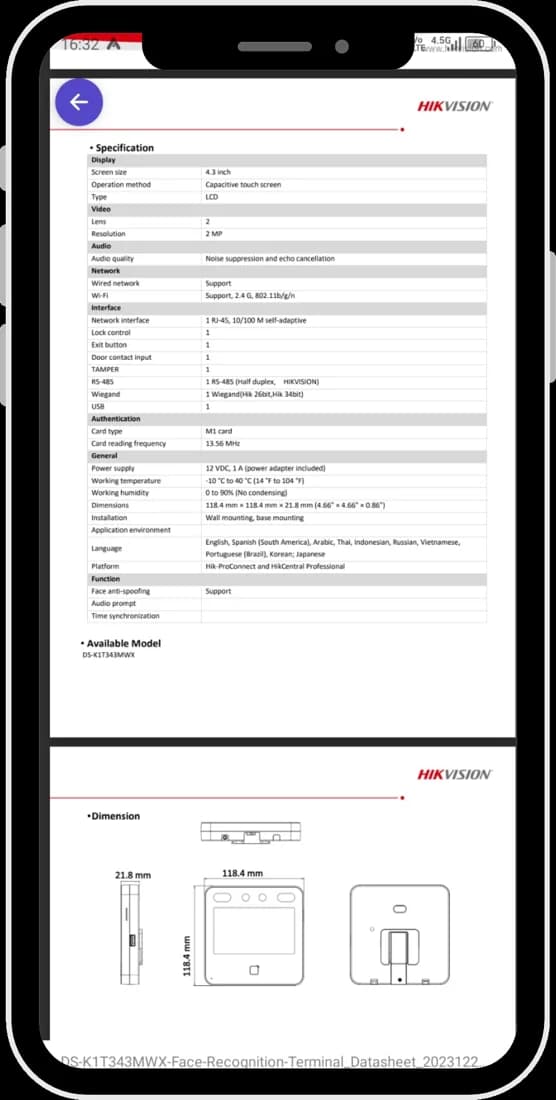 Datasheet do equipamento aberto no aplicativo do técnico